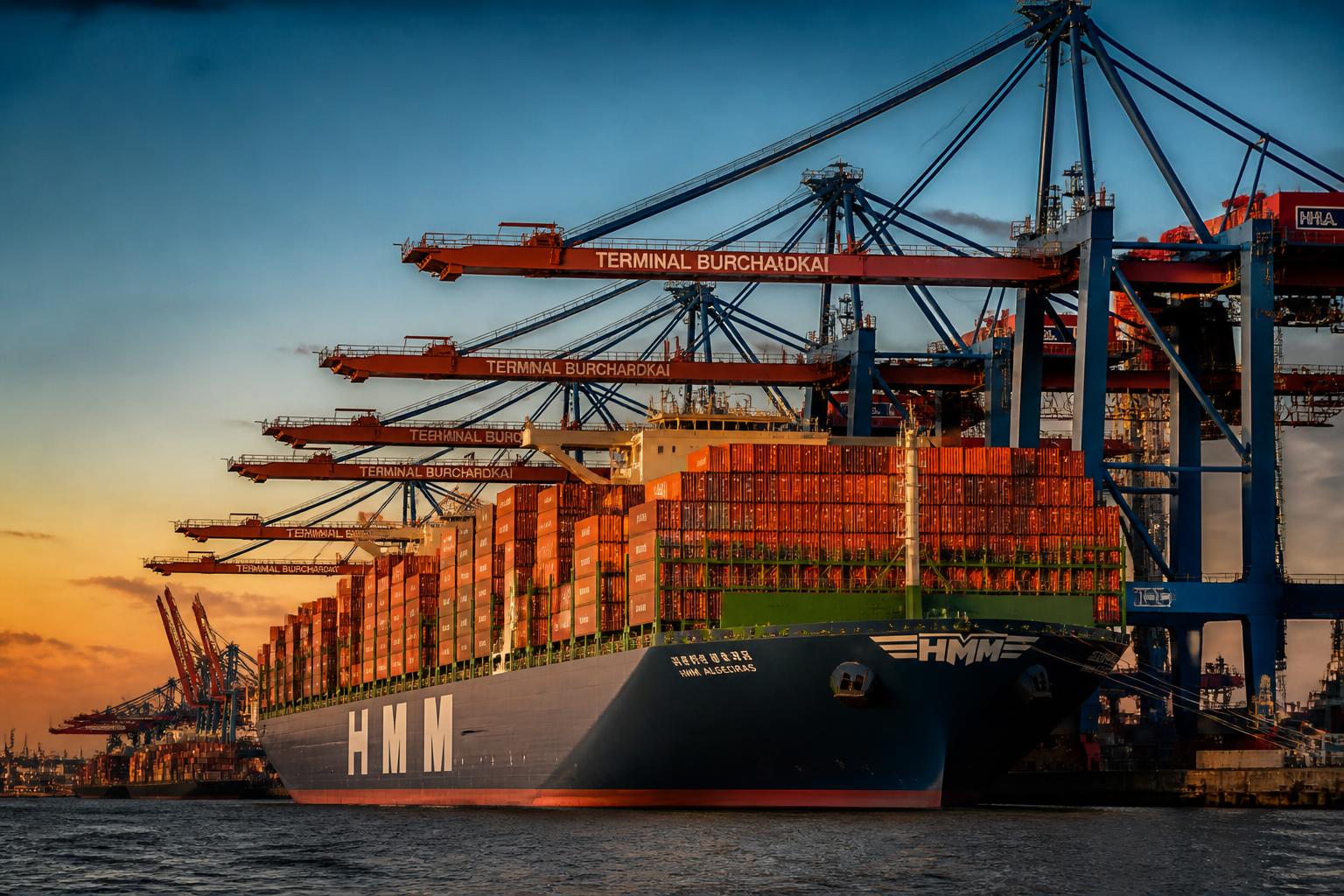 Container ship sailing into port at dusk